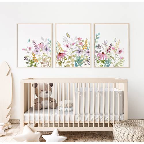 Watercolor Flower Meadow with Coneflowers on Archival Paper, Set of 3 Prints (11” x 24”)