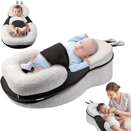 Baby Lounger,Pillow with Safety Straps, Dual-Function Removable Machine-Washable Pad, Lightweight & Portable（Gray）