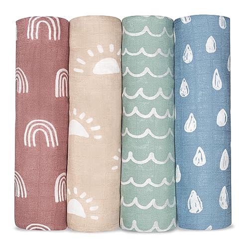Comfy Cubs Muslin Swaddle Blankets Pack of 4, 47 x 47 Inches, Soft Cotton Baby Blanket Set, Large Multipurpose Swaddling Wraps for Newborns - Self-Soothing Swaddle - Sun, Rainbow, Rain, Doodle