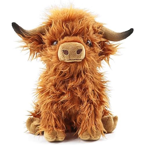 Highland Cow Stuffed Animal Realistic Scottish Cow Plush Toy Soft Farm Animal Cattle Plushie Doll Present for Adults Kids Boys Girls (Brown Cow, 10.8 Inch)