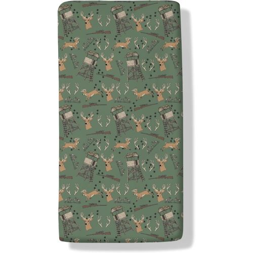 Deer Hunting Baby Crib Sheets Hunter Tree Stand Soft Breathable Baby Sheets Wild Animals Hunter Fitted Crib Mattress Cover for Standard Mattress 28x52in Green