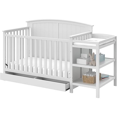 Storkcraft Steveston 5-in-1 Convertible Crib and Changer with Drawer (White) – GREENGUARD Gold Certified, Crib and Changing -Table Combo with Drawer, Converts to Toddler Bed, Daybed and Full-Size Bed