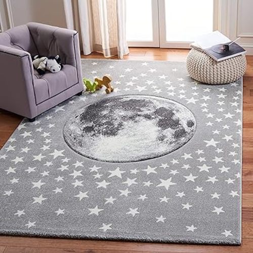 SAFAVIEH Carousel Kids Collection Area Rug - 6'7" x 9', Light Grey & White, Non-Shedding & Easy Care, Ideal for High Traffic Areas for Boys & Girls in Playroom, Nursery, Bedroom (CRK135F)
