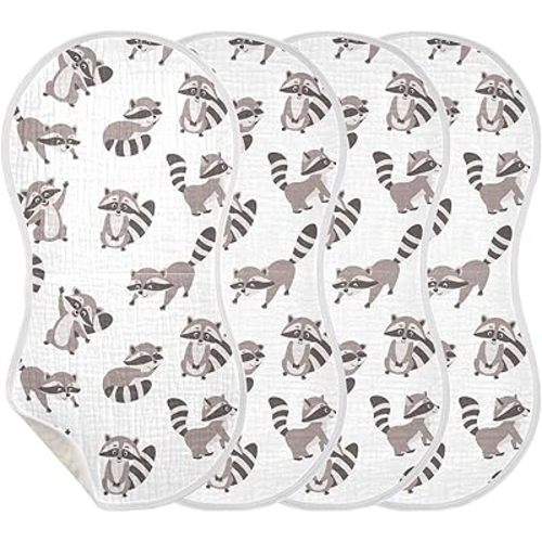 Muslin Burp Cloths for Baby Boys and Girls - 4-Pack Ultra Absorbent Raccoons Muslin Washcloths, Newborn Towel, Milk Spit Up Rags, Burp Cloth Bib for Unisex, 22 x 11 Inch