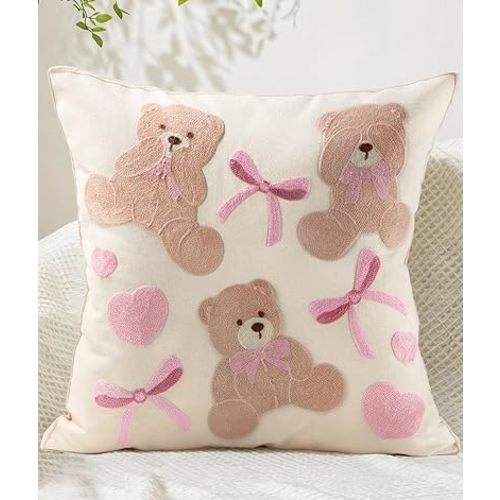 Embroidered Throw Pillow Cover 18x18 Inch - Valentines Decorative Animal Pillow Covers with Zipper for Couch Sofa Bedroom Living Room Cushion Pillowcase, Cute Bears