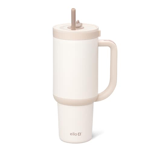Ello Oasis 40 oz Tumbler with Handle & Retracting Straw | Reusable Insulated Stainless Steel Cup 100% Leakproof, Gifts for Teens Women Men | Keeps cold for 24 Hours, Cup Holder Friendly, Cream Tonal