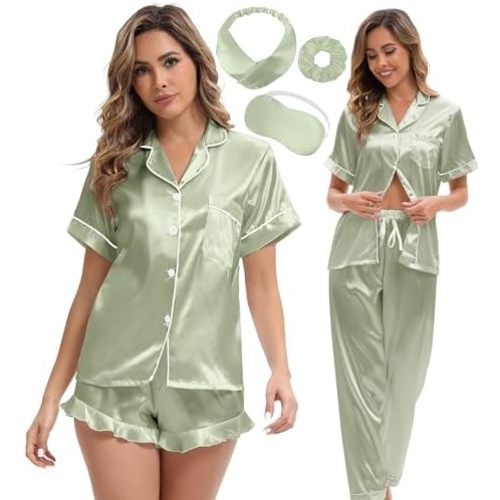 Silk Satin Pajama Set for Women 3-piece Short Sleeve Pajama with Pants Ruffle Shorts Cute Pj Set Button Down Sleepwear