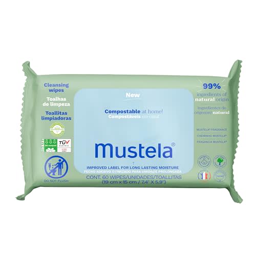 Mustela Baby Home Compostable Cleansing Wipes - For Face, Body & Diaper Area - 99% ingredients of natural origin & plant-based fibers - For all skin types - Fragrance Free Version & Various Sizes