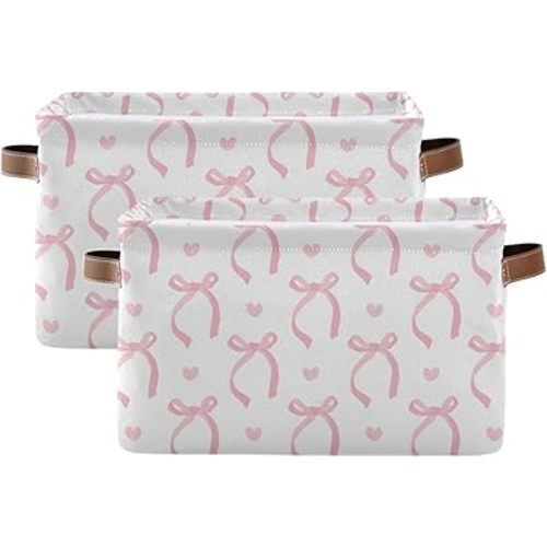 Aslsiy Toy Storage Basket Cute Coquette Pink Bow Nursery Bins White Baby Toys Box Canvas Clothes Shelf Basket Laundry Hamper 2 Pcs