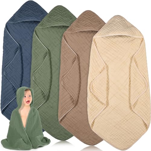Peryiter 4 Pcs Muslin Hooded Baby Towels,32"x 32" Cotton Newborn Bath Towel Muslin Infant Baby Towels Absorbent Unisex Hooded Blankets,Newborn Registry Baby Gift for Girls Boys (Green)