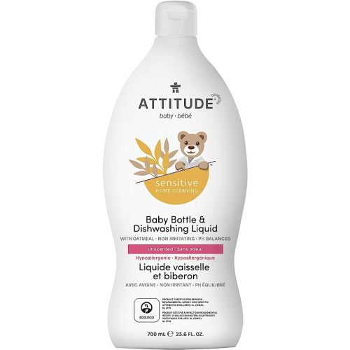 ATTITUDE Baby Dish Soap for Sensitive Skin with Oatmeal, Plant and Mineral-Based Ingredients, Vegan Household Products, Unscented, 23.6 Fl Oz