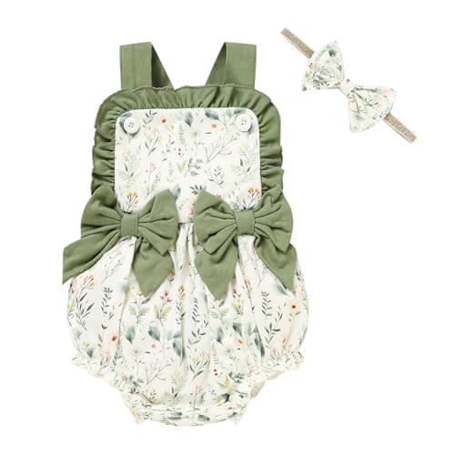 GRNSHTS Baby Girl Summer Romper Infant Floral Fruit Print Clothes Toddler Ruffles Bodysuit Sleeveless Strap One Piece Outfits