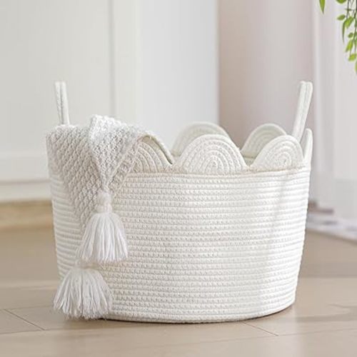 LemonRoad White Rope Basket Scalloped Woven Baskets 15.8"L x 15.8"w X13.8"h Cotton Storage Round Basket for Nursery Classroom Closet Blankets Storage Home Decor