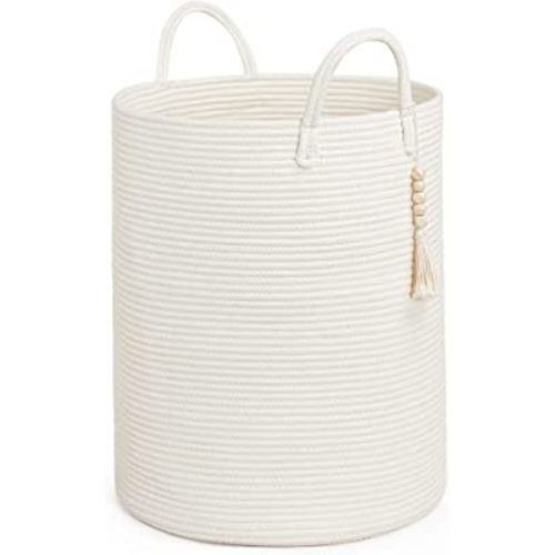 Goodpick White Laundry Basket with Handles, Tall Woven Laundry Hamper for Clothes, Towels, Pillows, Toys, Decorative Blanket Basket for Living Room, Bedroom, Playroom, 16 x 20 inches