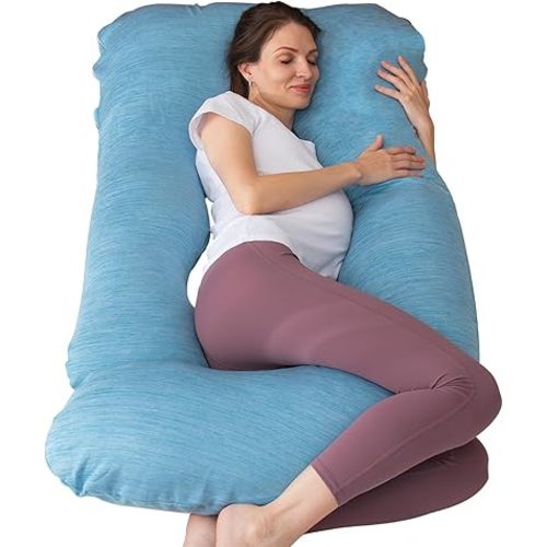MOON PINE Pregnancy Pillow, U Shaped Full Body Pillow for Maternity Support, Sleeping Pillow with Cover for Pregnant Women (Light Blue)