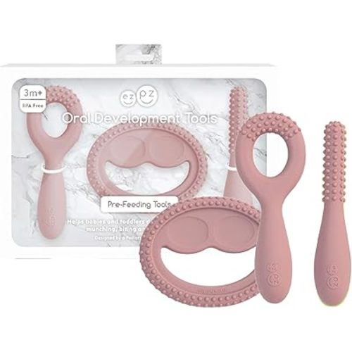 ezpz Oral Development Tools - 3 Months+ (3 Pack in Blush) - Non-Slip Loop, Smile and Stick, 100% Silicone Tools to Practice Feeding + Chewing - Sensory Bumps - Dishwasher Safe