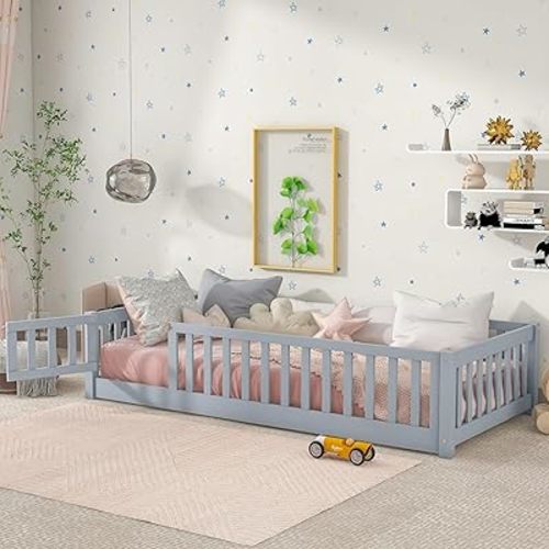 Twin Size Floor Bed Frame with Fence and Door for Kids