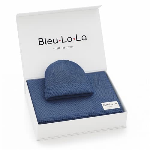 Bleu La La Luxe Collection 100% Organic Cotton Luxury Knit Baby Blanket + Hat Set (Denim Blue)