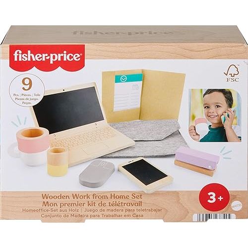 Fisher-Price Wood Pretend Play Work from Home Set, 9-Piece Office Playset with Wooden Toy Laptop & Phone for Preschool Kids Ages 3+ Years