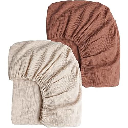 Konssy 2 PCS Muslin Fitted Crib Sheets 100% Cotton Baby Crib Sheets for Standard Crib Mattress (28 X 52 Inches), Soft and Breathable for Boys, Girls(Chestnut, Summer Wheat)