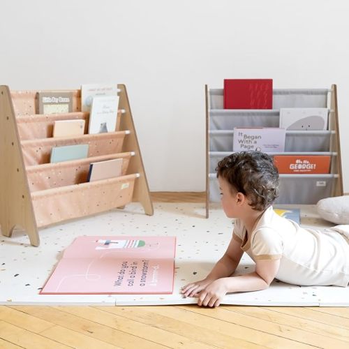 3 Sprouts Recycled Fabric Kids Bookshelf – 4-Tier Sling Book Rack Organizer - Nursery Room Playroom Classroom Wooden Book Shelves - Kid Bookcase Wood Storage Shelf for Toddler Age 3+ - Terrazzo Clay