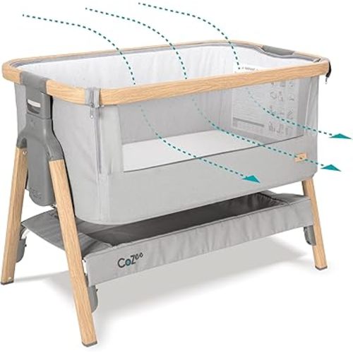 Tutti Bambini CoZee® 2-in-1 Baby Bassinet & Bedside Sleeper - Fast-Folding Bedside Bassinet, Baby Crib with 6 Mattress Heights & Breathable Mesh Window, Mattress Included, 0-6 Months (Silver & Oak)