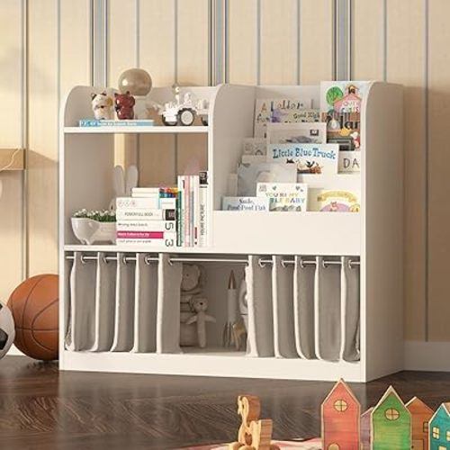 NACHES 3-Tier Kids Bookshelf and Toy Storage Organizer, Montessori Bookshelf 4 Cube Storage Organizer, Baby Bookshelf with Curtain, Toddler Book Shelves for Nursery Playroom Kids Room Classroom, White