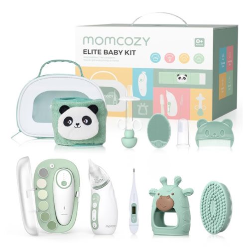 Momcozy Elite Baby Kit, Superior Baby Shower & Registry Essential Kit for Grooming & Health & Cleansing Care, Electric Nail File & Nasal Aspirator,Tummy Wrap,Thermometer,Bath Brush,Teether,Storage Bag