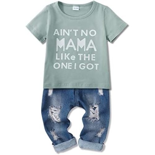 YALLET Toddler Boy Clothes 1-5T Boys Outfits Infant Short Sleeve T-Shirt Ripped Jeans 12 18 24 Months Baby Clothing Pants Set