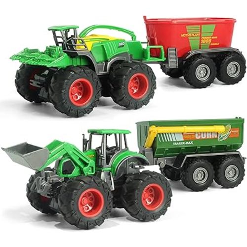 Monster Farm Tractor Toy, Friction Powered Monster Trucks Tractors Trailers, Diecast Metal Body Front Loader with Trailer &Fodder Mixer, Ideal Tractor Toys for Kids 3-5
