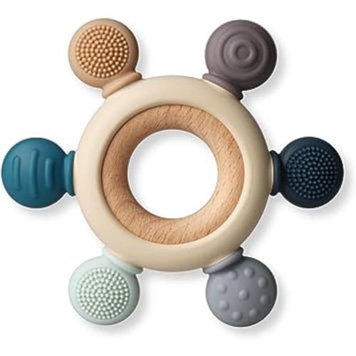 Baby Teething Toys, Silicone Chewable Rings with Organic Wooden, Natural Wooden Ring & Silicone Teething Toys for Newborn, 3+ Months (6 Directions, Gray)