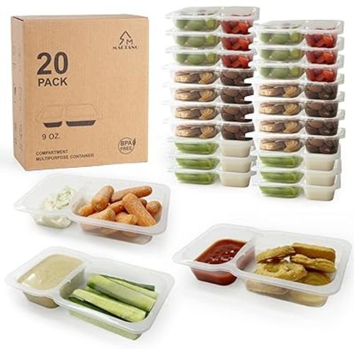 9 OZ Reusable Snack Containers with Lids, New Double Compartment Condiment Snack Pack Containers 20 Sets