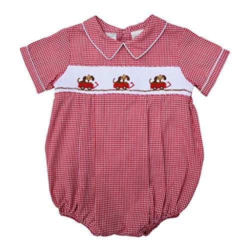 Carriage Boutique Baby Boys Hand Smocked Classic Creeper - Red Dogs in Wagon