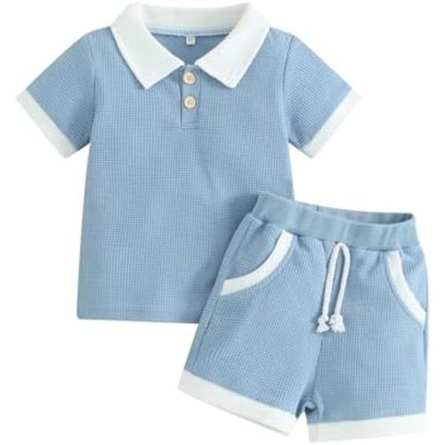 Kuriozud Newborn Baby Boy Summer Clothes Button Short Sleeve Romper Bodysuit Shorts Set Toddler Soft Waffle Outfit