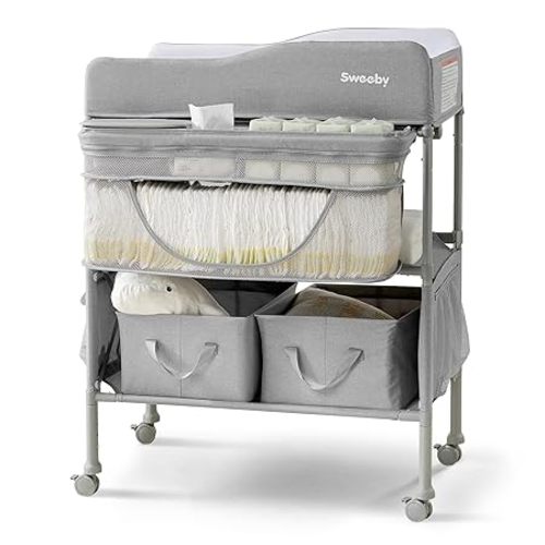 Sweeby Portable Baby Changing Table, 4 Position Height Adjustable with Lockable Wheels, 2 Storage Basket for Essentials, Waterproof Diaper Changing Table Station Pad Topper with Play Center,Light Gray - Light Grey with 2 Baskets