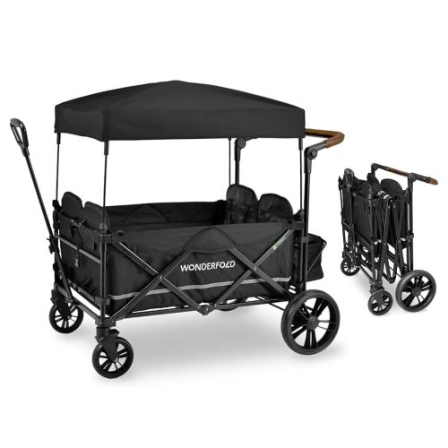 WONDERFOLD X4 Push & Pull Stroller Wagon (4 Seater) - Collapsible Wagon Stroller with Seats with 5-Point Harnesses, Adjustable Push Handle, and Sun Canopy, Black