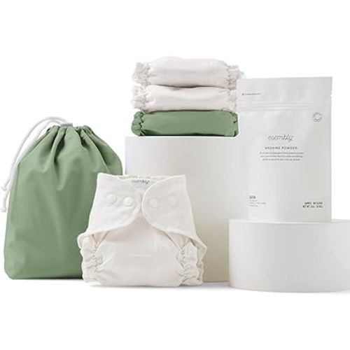 Esembly Cloth Diaper Try-It Kit, Starter Gift Set, Includes 3 Organic, Reusable Diapers Inners, 1 Stylish Outer, Patented Detergent & Wet Bag - Earth-Friendly Diapering, Aloe, Size 1 (7-18lbs)