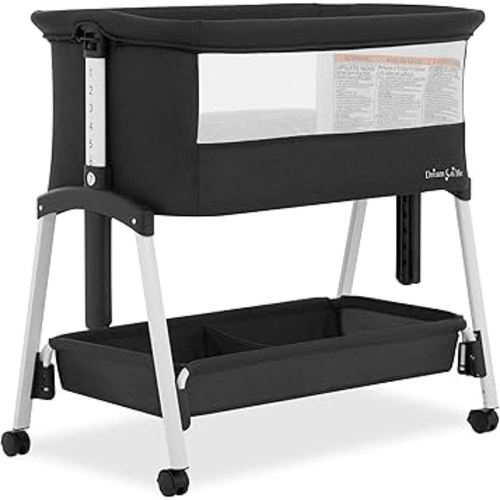Dream On Me Calypso Portable Bassinet with Wheels, Adjustable Height Bedside Sleeper, Foldable Baby Bassinet with Breathable Mesh Sides, Foam Mattress, Easy Mobility & Travel-Friendly Design - Black