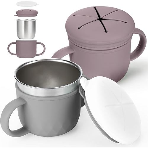 2-Pack Stainless Steel Snack Containers, 4-in-1 Spill proof Snack Cups With Silicone Lid and Handle