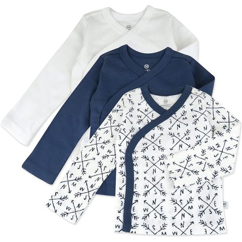 HonestBaby 3-pack Long Sleeve Side-snap Kimono Tops 100% Organic Cotton for Newborn Baby for Infant Boys, Girls, Unisex