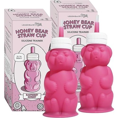 Legendairy Milk Honey Bear Straw Cup Silicone for Babies (Pink), 8 oz. Dishwasher Safe Baby Straw Cup, Food Grade Silicone, Honeybear Sippy Cup for Ages 4+ Months (Pack of 2)