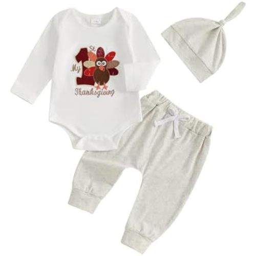 Baby Boy Girl My 1st Thanksgiving Outfit 0-3 6 12 18 Months Long Sleeve Romper Turkey Pants Hat Set Infant Clothes