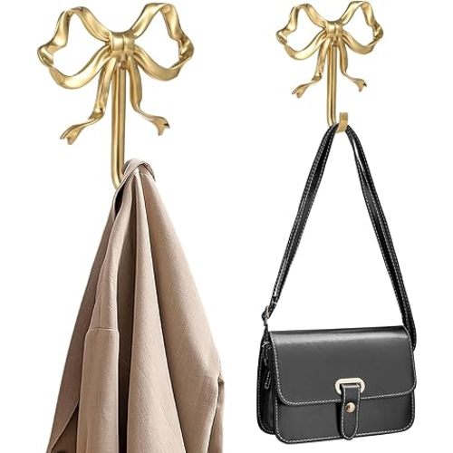 2 PCS Gold Bow Hooks for Wall - Bowknot Wall Hooks, Elegant Golden Bow Wall Hanger, Home Decorative Hook, Wall Mounted Metal Hook for Coat Hat Towel, Multipurpose Hook for Entryway Bedroom Bathroom