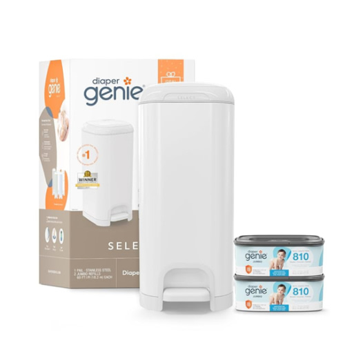 Diaper Genie Select Pail Registry Gift Set (White) | Made of Durable Stainless Steel Metal | Includes 2 Jumbo Refills | Holds 1620 Newborn Diapers