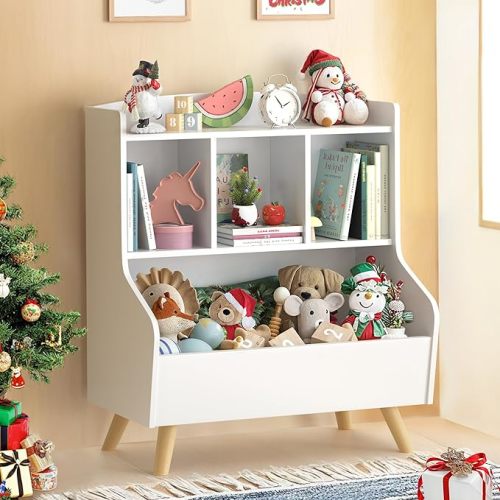 Kids Bookshelf and Toy Storage, 3-Tier Wooden Open Bookcase, Baby Book and Toy Storage Display Organizer with Spacious Top Shelf Children, Friends, Family, White