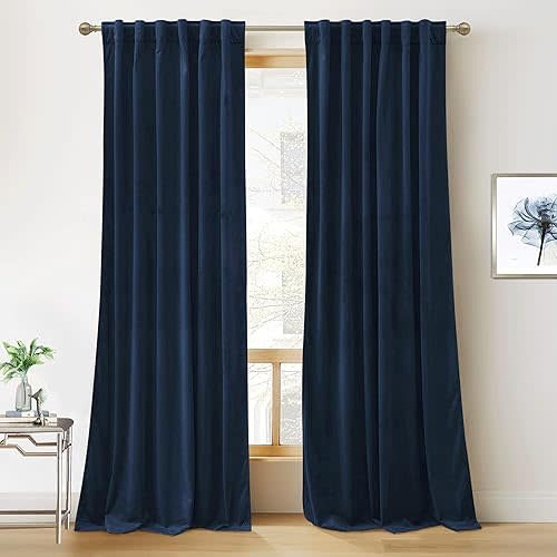 RYB HOME Navy Velvet Curtains 92 inches, Back Tab Soft Fabric Room Darkening Thermal Insulated Luxurious Home Decor Curtains for Living Room Bedroom, W 52" x L 92", 2 Panels Set