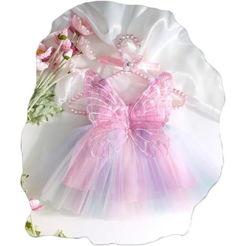 Ylsteed Newborn Photography Outfits Girls Fairy Wings Butterfly Sleeveless Tulle Dress Newborn Photography Props Baby Girl Elastic Waist Romper Dress and Headband Infant Photoshoot Outfits Multicolor