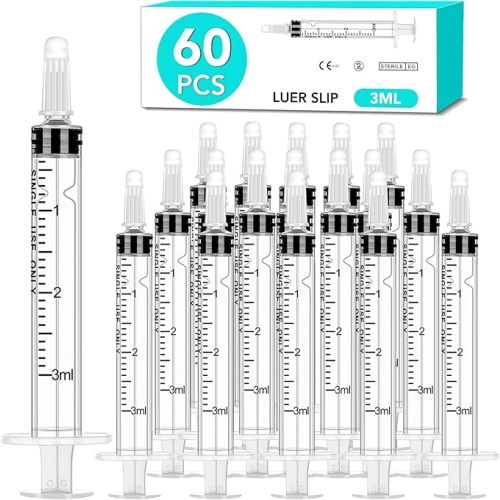 60 PCS 3ml Syringe with Cap for Liquid, Oral Syringe without Needle for Medicine Dropper, Colostrum Collect, Feeding Pets, Liquid Measuring, Individually Sealed, Luer Slip