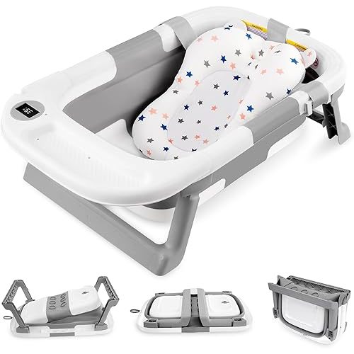 LIVINGbasics Foldable Baby Bath Tub for Infants to Toddler, Anti-Slip Portable Travel Shower Basin with Soft Support Cushion and Temperature Sensor