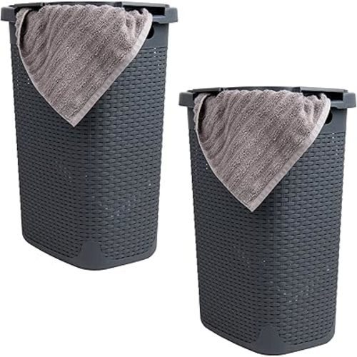 Mind Reader 60L Slim Laundry Hamper, Clothes Basket, Lid, Wicker Style, Plastic, 17.65"L x 13.75"W x 24.15"H, Set of 2, Gray